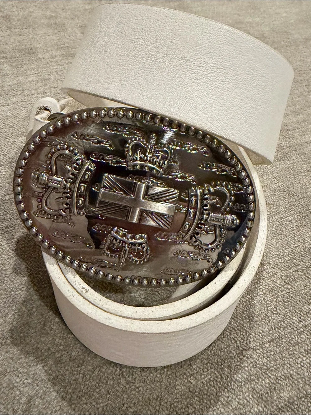 Vintage White Belt Crown Union Jack Buckle Punk Y2K Boho 33-37